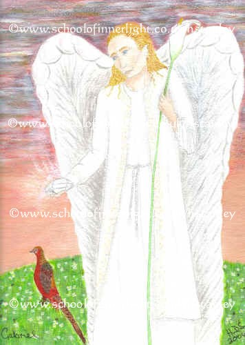 Image of Archangel Gabriel with golden pheasant and lily