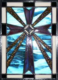 Cross in Light blue purple gold black and white glass